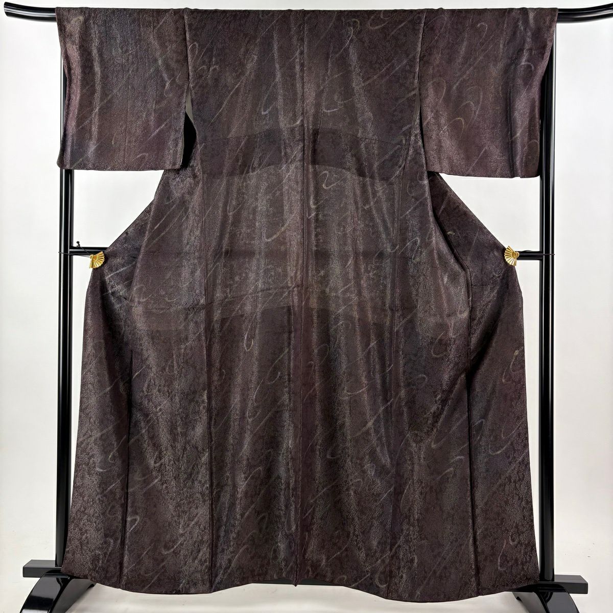 【美品】 小紋 身長160cm 袖長67cm M 雙層 袋帶套裝 幾何學 金銀彩 茶紫 純蠶絲 名品級