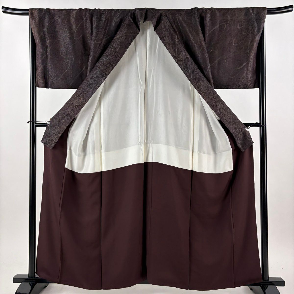 【美品】 小紋 身長160cm 袖長67cm M 雙層 袋帶套裝 幾何學 金銀彩 茶紫 純蠶絲 名品級
