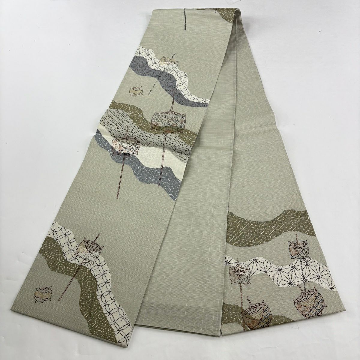 【美品】 小紋 身長160cm 袖長67cm M 雙層 袋帶套裝 幾何學 金銀彩 茶紫 純蠶絲 名品級