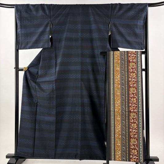 【美品】 紬織 身長160.5cm 袖長67cm M 雙層 名古屋帶套裝 段紋 幾何學 深藍 純蠶絲 名品級