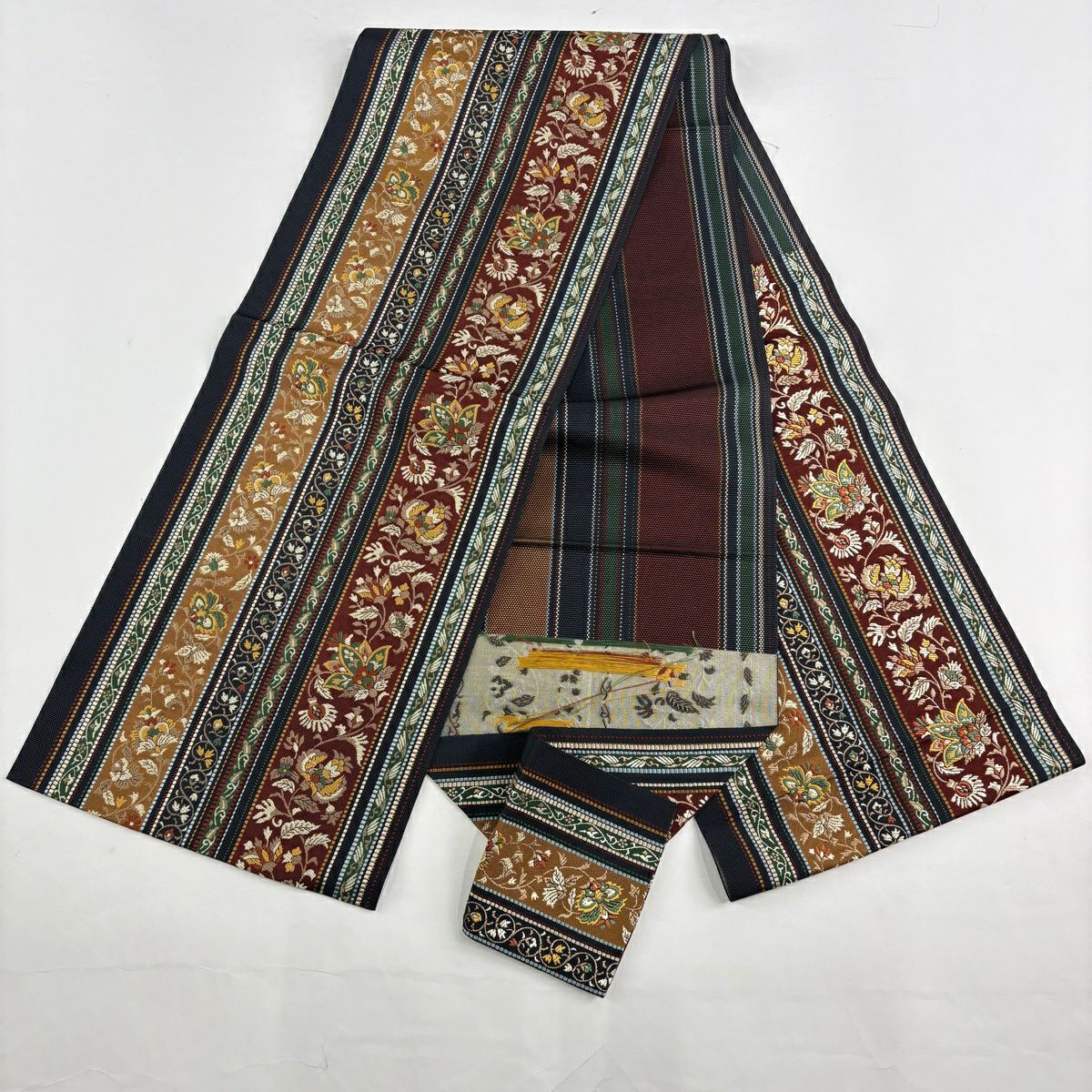 【美品】 紬織 身長160.5cm 袖長67cm M 雙層 名古屋帶套裝 段紋 幾何學 深藍 純蠶絲 名品級