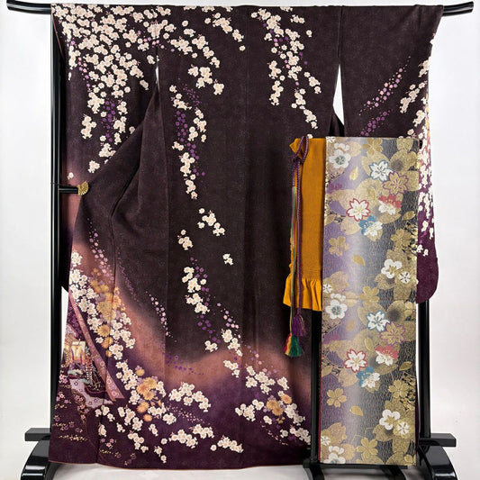 【美品】振袖禮服 身長168cm 袖長69cm L 雙層 袋帶全套 大和 御所車 草花紋紋 銀通 金銀彩 茶紫 純蠶絲 名品級