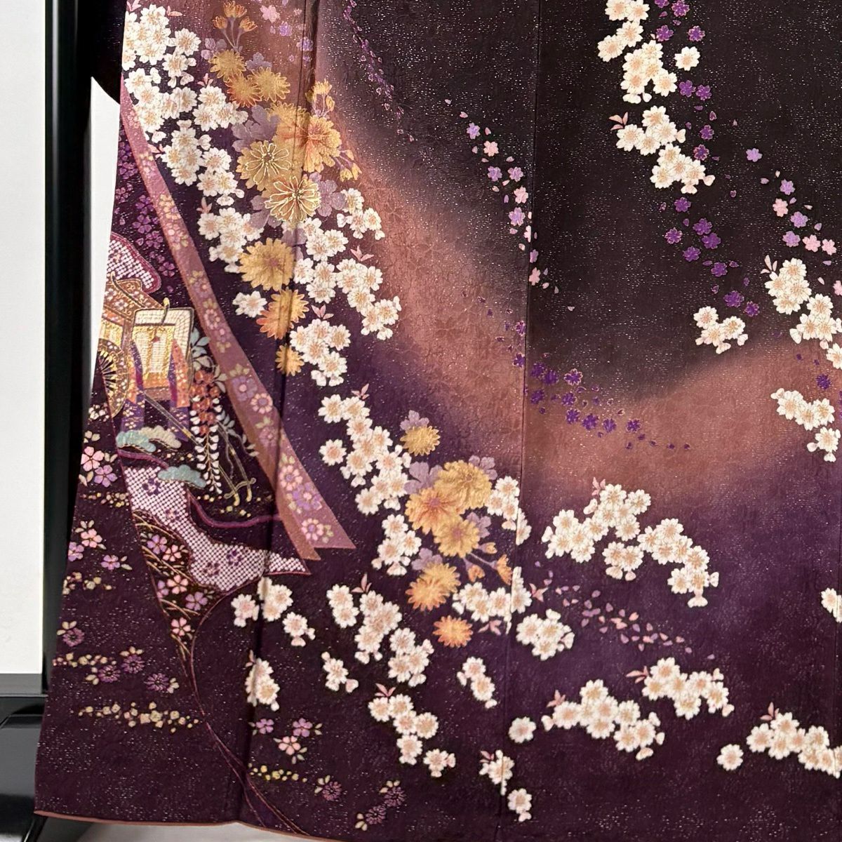【美品】振袖禮服 身長168cm 袖長69cm L 雙層 袋帶全套 大和 御所車 草花紋紋 銀通 金銀彩 茶紫 純蠶絲 名品級