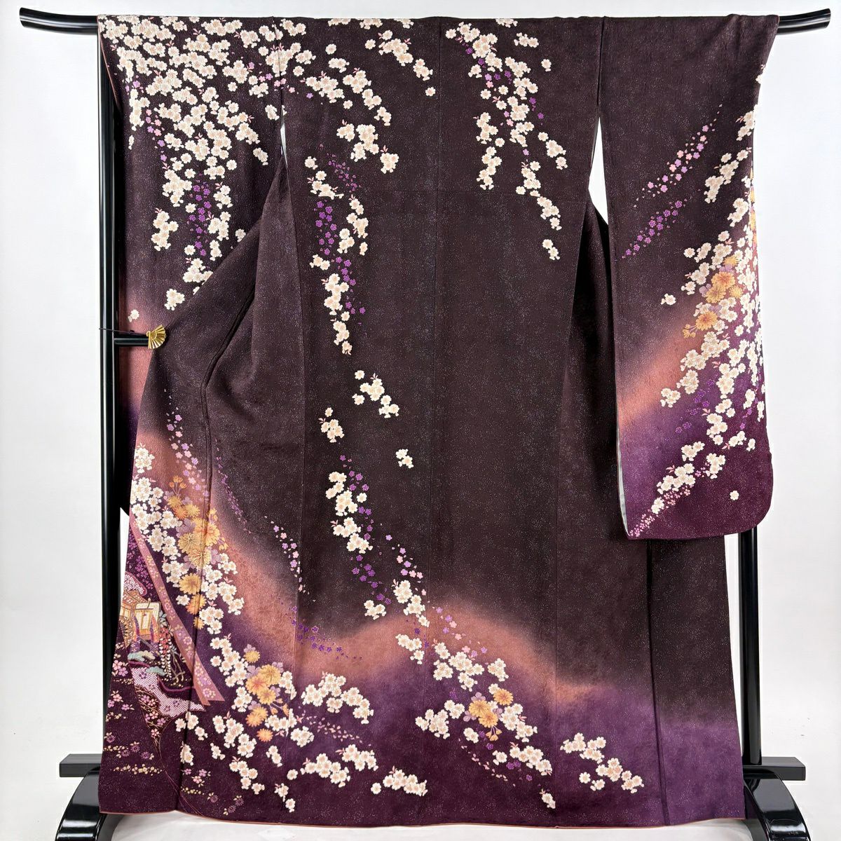 【美品】振袖禮服 身長168cm 袖長69cm L 雙層 袋帶全套 大和 御所車 草花紋紋 銀通 金銀彩 茶紫 純蠶絲 名品級