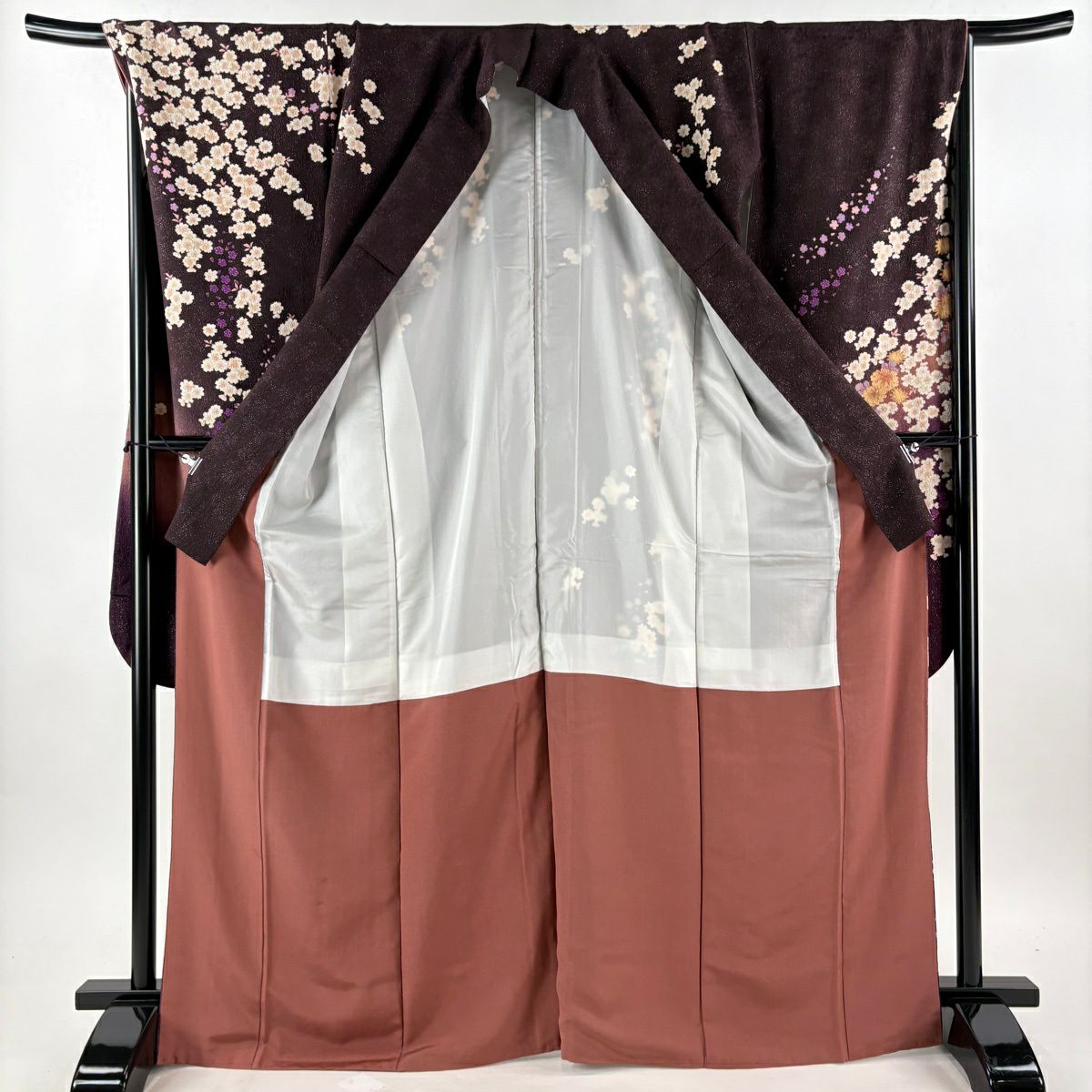 【美品】振袖禮服 身長168cm 袖長69cm L 雙層 袋帶全套 大和 御所車 草花紋紋 銀通 金銀彩 茶紫 純蠶絲 名品級