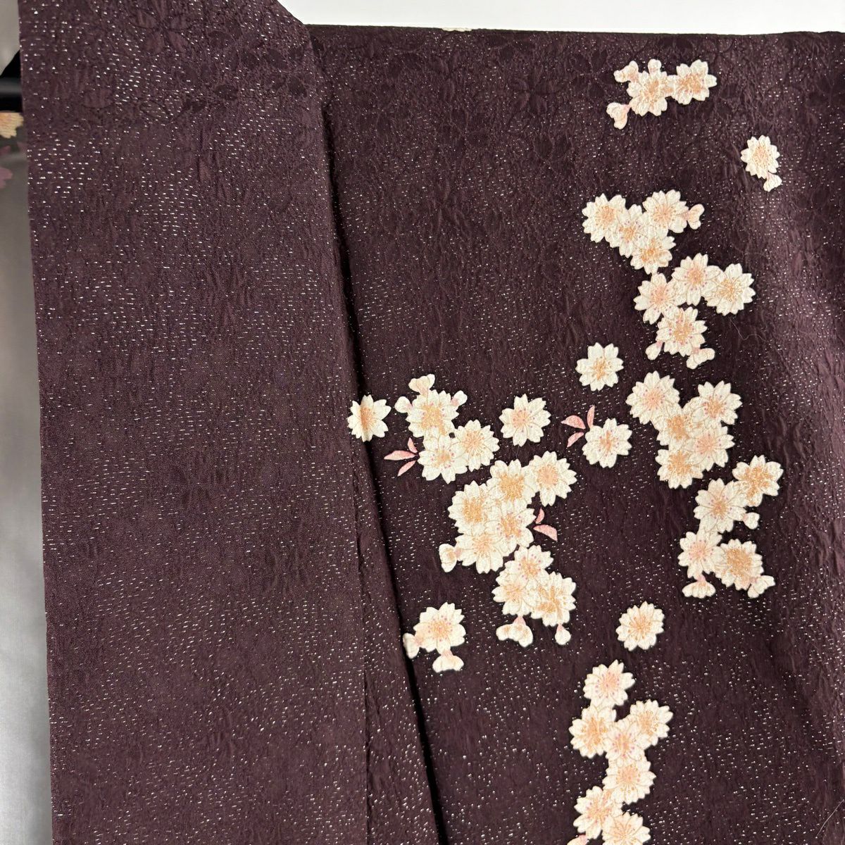 【美品】振袖禮服 身長168cm 袖長69cm L 雙層 袋帶全套 大和 御所車 草花紋紋 銀通 金銀彩 茶紫 純蠶絲 名品級