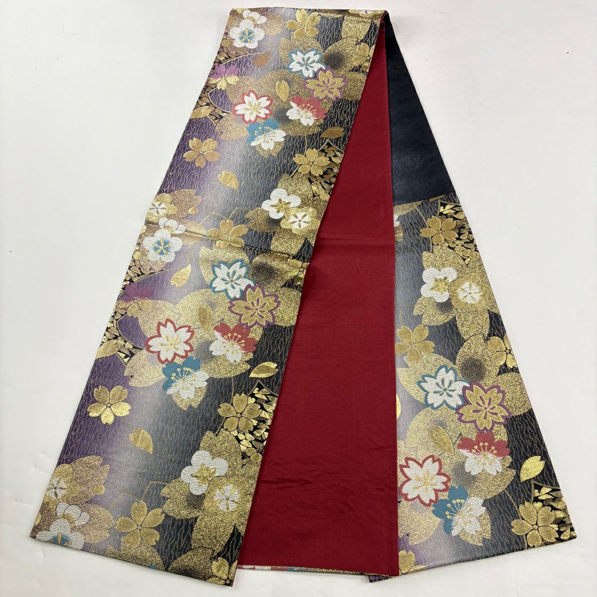 【美品】振袖禮服 身長168cm 袖長69cm L 雙層 袋帶全套 大和 御所車 草花紋紋 銀通 金銀彩 茶紫 純蠶絲 名品級