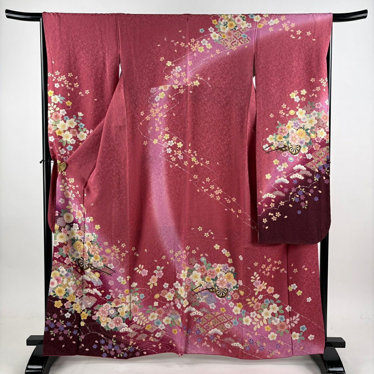 振袖禮服 身長163cm 袖長66cm M 雙層 花車 花丸紋 金通 金絲 粉紅 純蠶絲 名品級