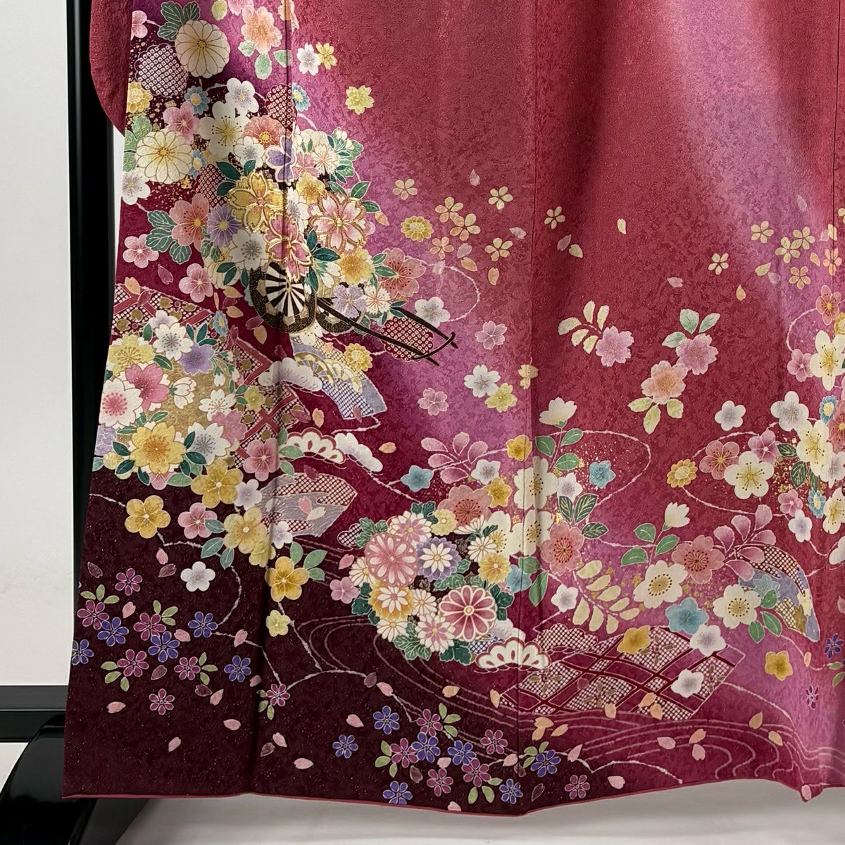 振袖禮服 身長163cm 袖長66cm M 雙層 花車 花丸紋 金通 金絲 粉紅 純蠶絲 名品級