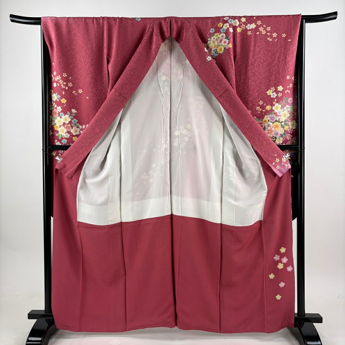 振袖禮服 身長163cm 袖長66cm M 雙層 花車 花丸紋 金通 金絲 粉紅 純蠶絲 名品級