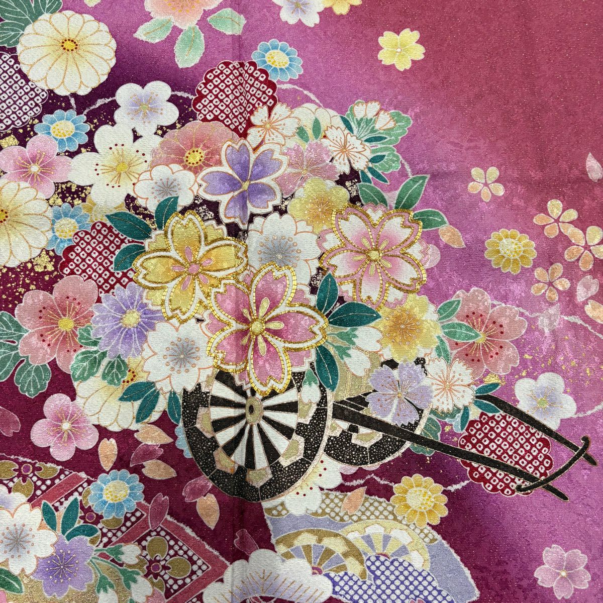 振袖禮服 身長163cm 袖長66cm M 雙層 花車 花丸紋 金通 金絲 粉紅 純蠶絲 名品級