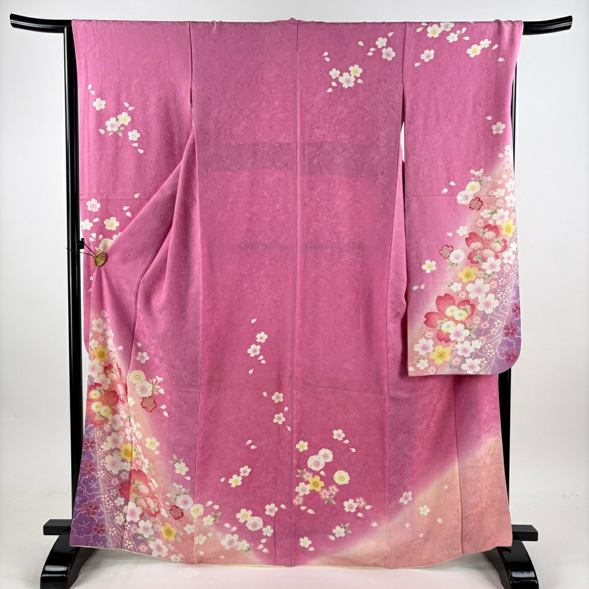 振袖禮服 身長166.5cm 袖長66cm M 雙層 櫻花 鹿子紋 金銀彩 漸層 粉紅 純蠶絲 名品級