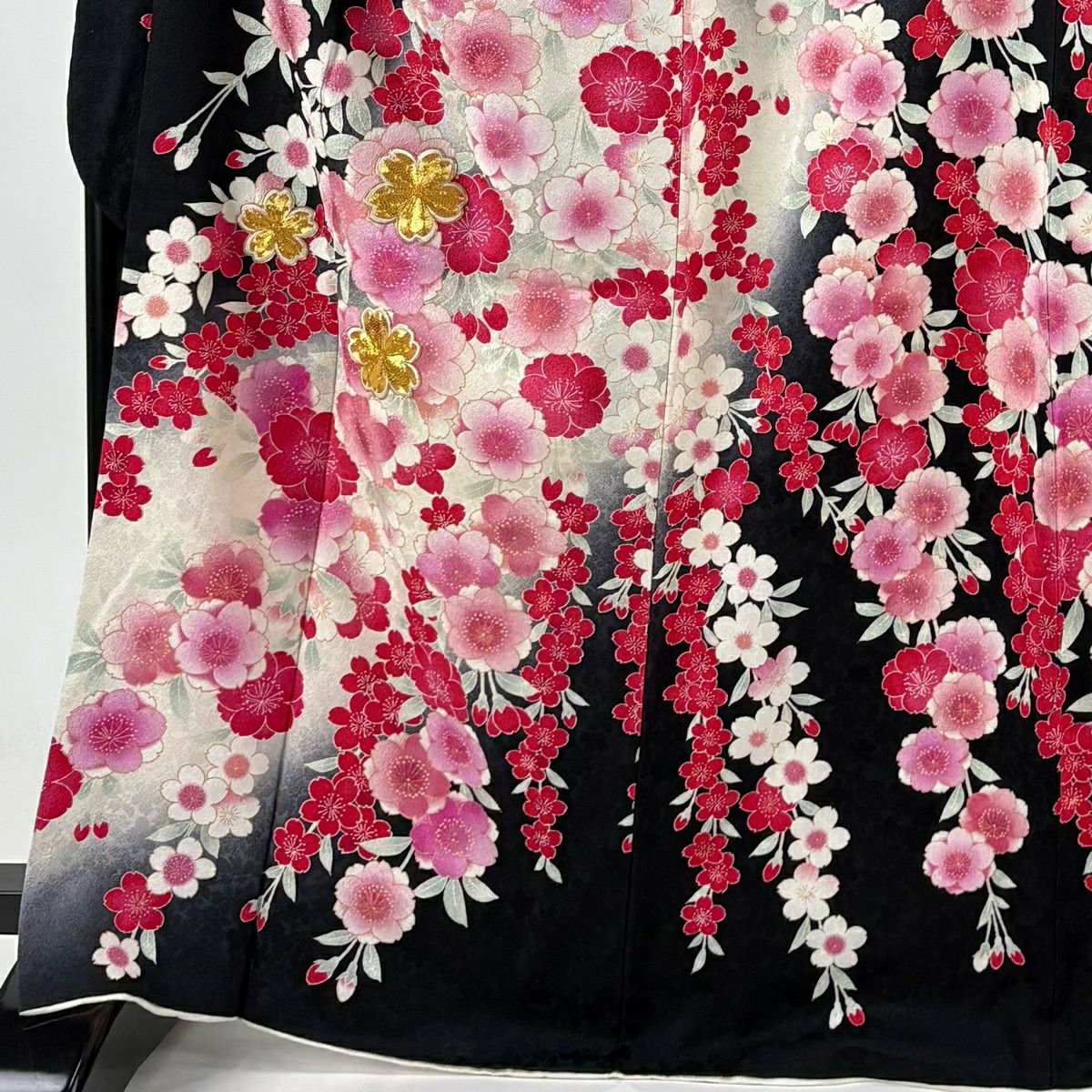 振袖禮服 身長167.5cm 袖長70cm L 雙層 垂枝櫻 金絲 金銀彩 黑 純蠶絲 名品級