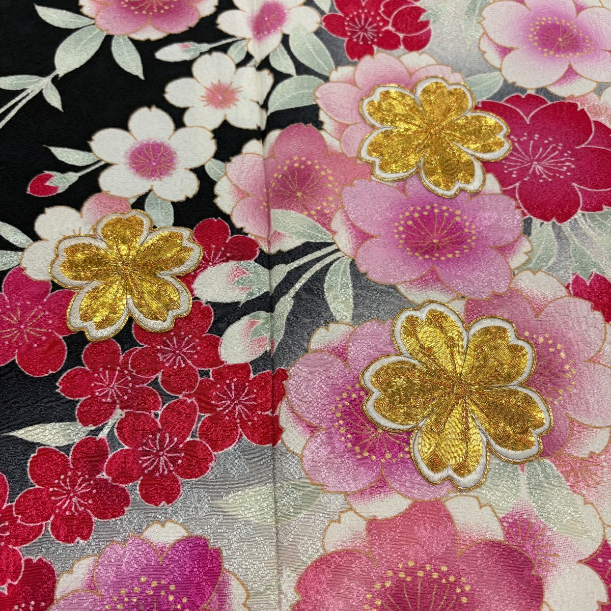 振袖禮服 身長167.5cm 袖長70cm L 雙層 垂枝櫻 金絲 金銀彩 黑 純蠶絲 名品級