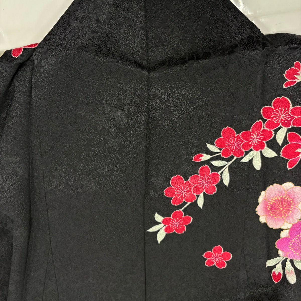 振袖禮服 身長167.5cm 袖長70cm L 雙層 垂枝櫻 金絲 金銀彩 黑 純蠶絲 名品級