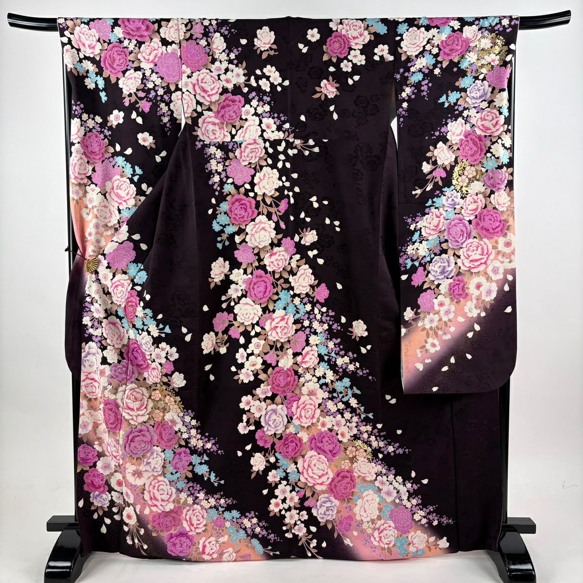 振袖禮服 身長170cm 袖長68cm L 雙層 薔薇 草花紋紋 刺繡 金金箔 濃紫 純蠶絲 名品級