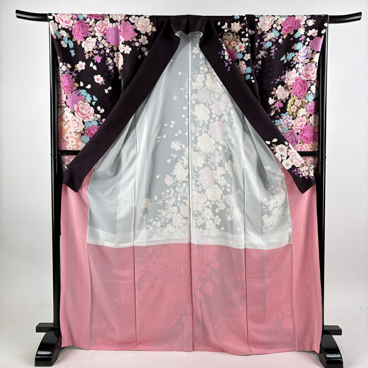 振袖禮服 身長170cm 袖長68cm L 雙層 薔薇 草花紋紋 刺繡 金金箔 濃紫 純蠶絲 名品級