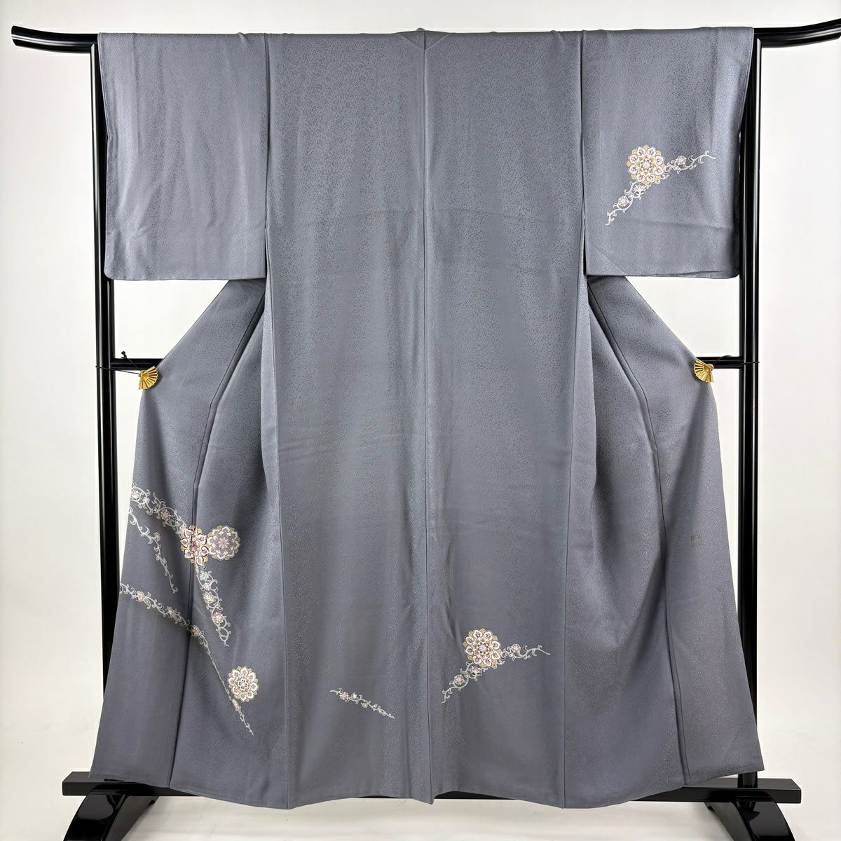 付下 身長158cm 袖長67cm M 雙層 落款 華紋 花唐草紋 金絲 刺繡 灰 純蠶絲 名品級