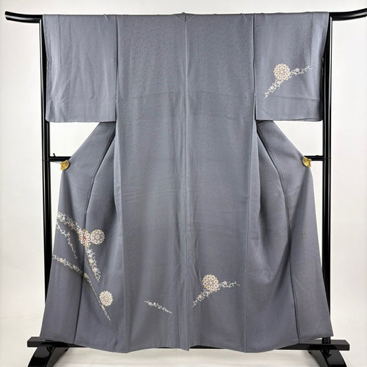付下 身長158cm 袖長67cm M 雙層 落款 華紋 花唐草紋 金絲 刺繡 灰 純蠶絲 名品級