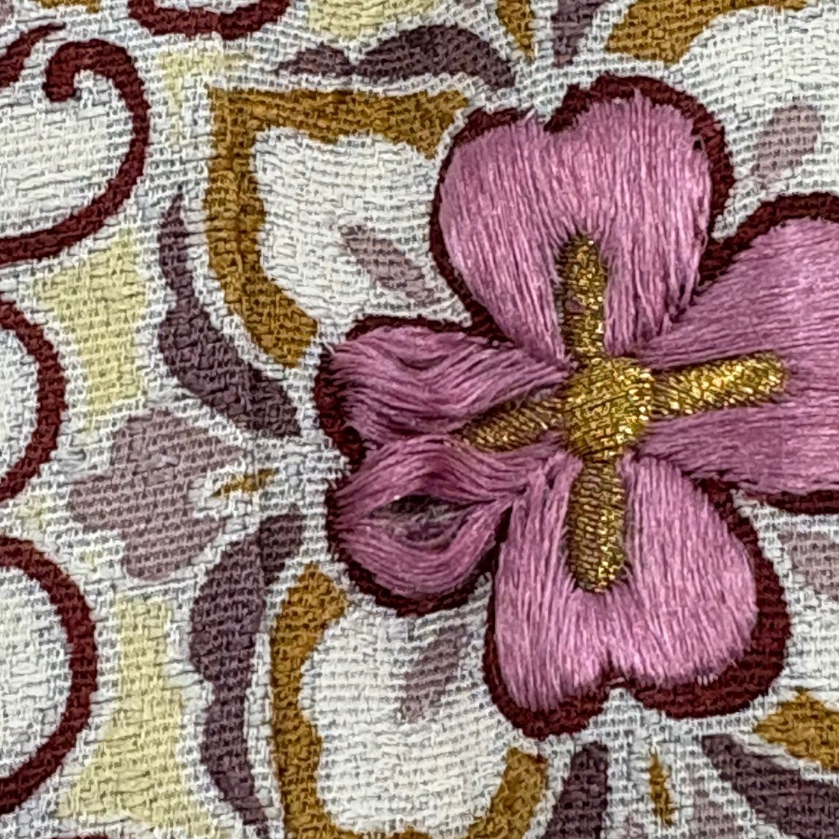 付下 身長158cm 袖長67cm M 雙層 落款 華紋 花唐草紋 金絲 刺繡 灰 純蠶絲 名品級