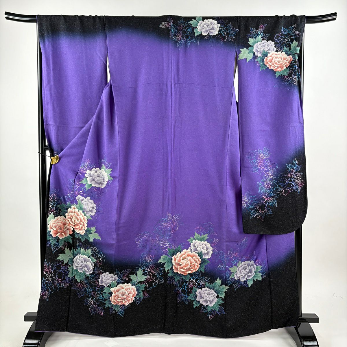 振袖禮服 身長165.5cm 袖長69cm L 雙層 牡丹 銀通 金銀彩 紫 純蠶絲 名品級