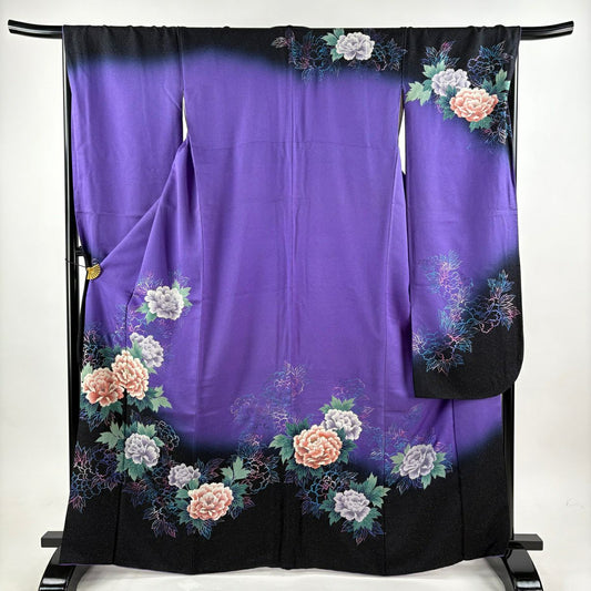 振袖禮服 身長165.5cm 袖長69cm L 雙層 牡丹 銀通 金銀彩 紫 純蠶絲 名品級