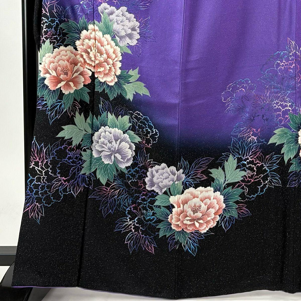振袖禮服 身長165.5cm 袖長69cm L 雙層 牡丹 銀通 金銀彩 紫 純蠶絲 名品級