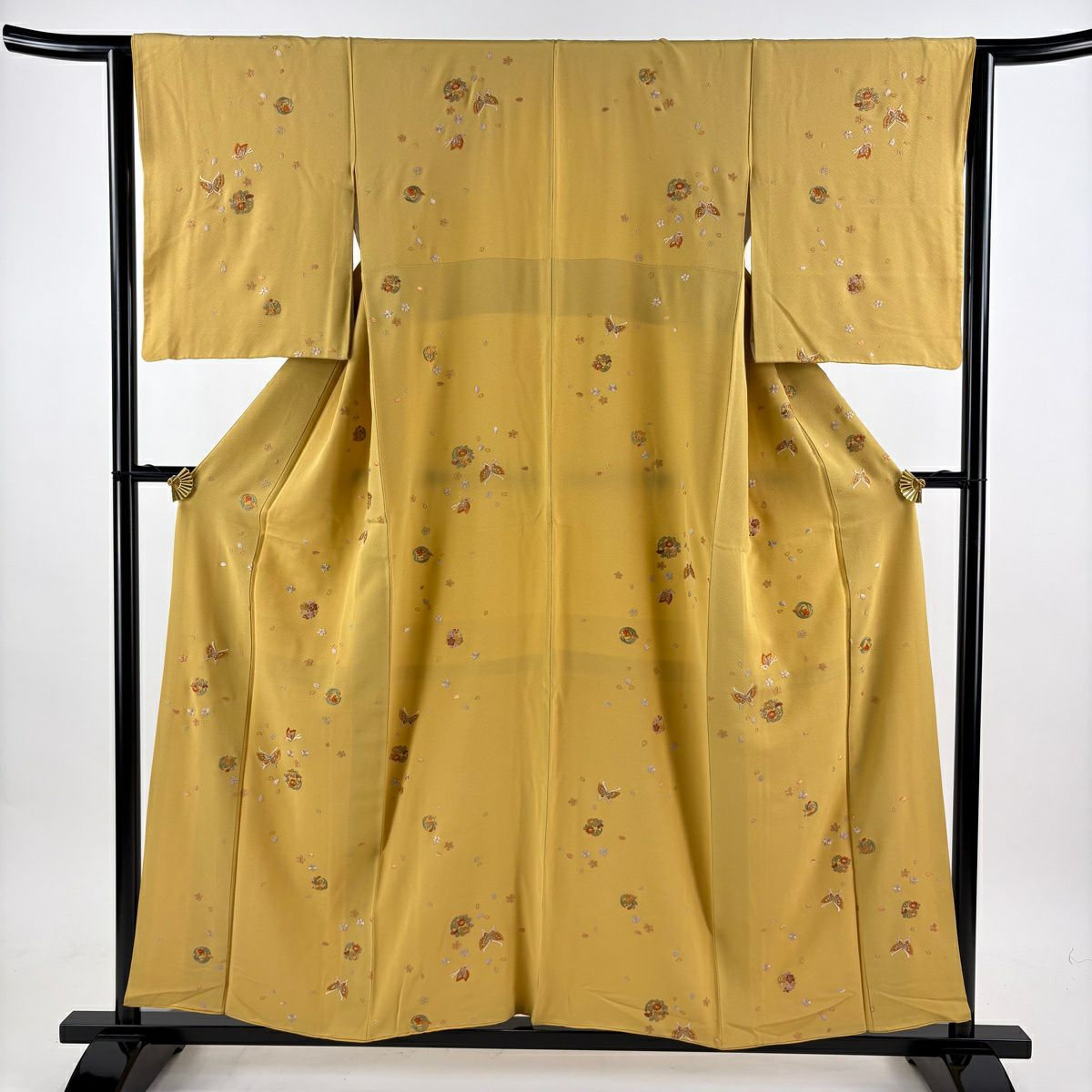 小紋 身長156cm 袖長64cm M 雙層 花丸紋 蝶 刺繡 金絲 芥末色 純蠶絲 名品級