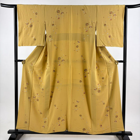 小紋 身長156cm 袖長64cm M 雙層 花丸紋 蝶 刺繡 金絲 芥末色 純蠶絲 名品級