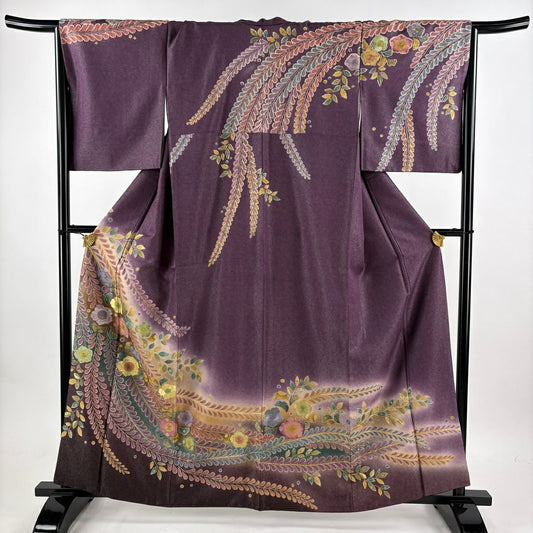 訪問服 身長160.5cm 袖長66.5cm M 雙層 草花紋紋 藤 銀通刺繡 紫 純蠶絲 名品級