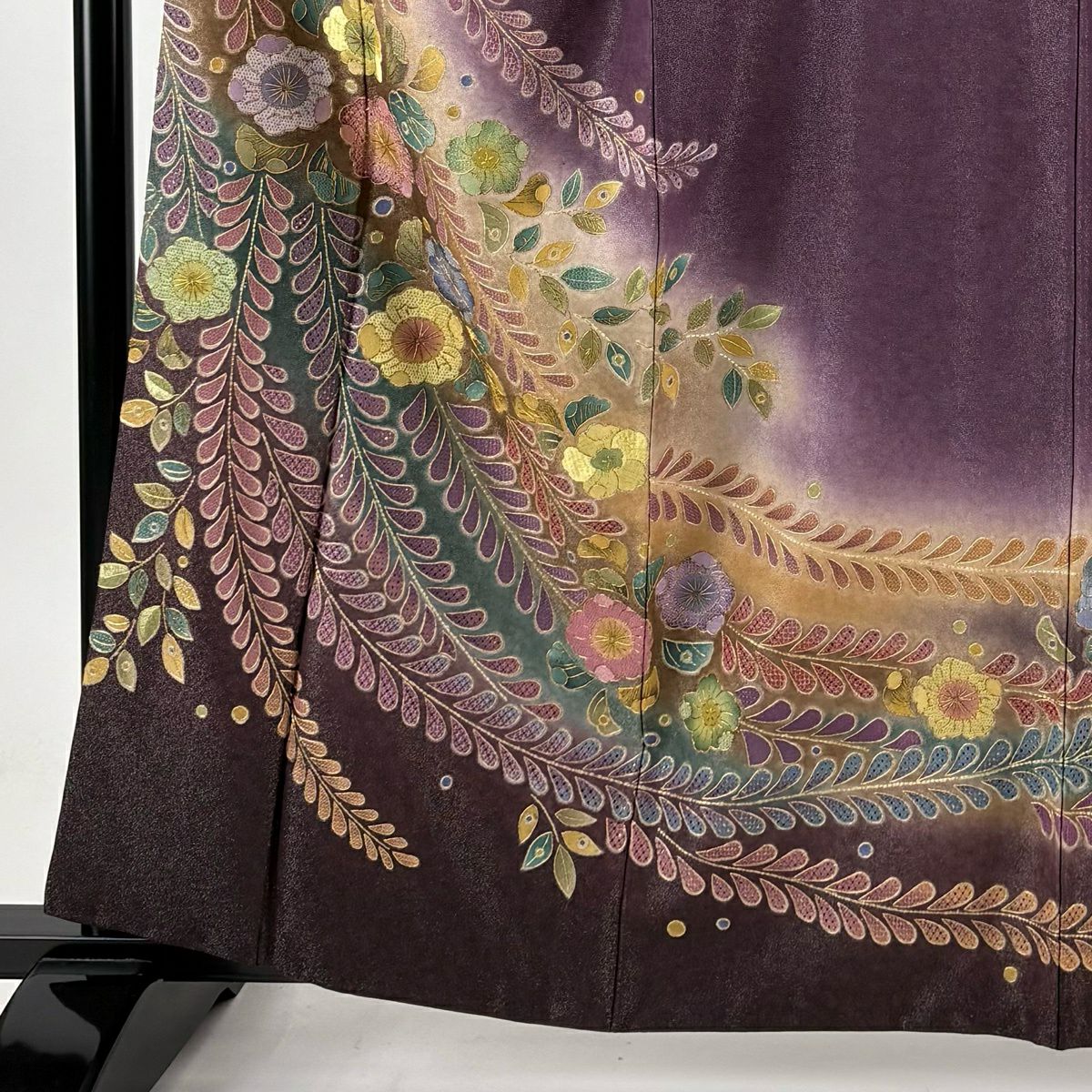 訪問服 身長160.5cm 袖長66.5cm M 雙層 草花紋紋 藤 銀通刺繡 紫 純蠶絲 名品級