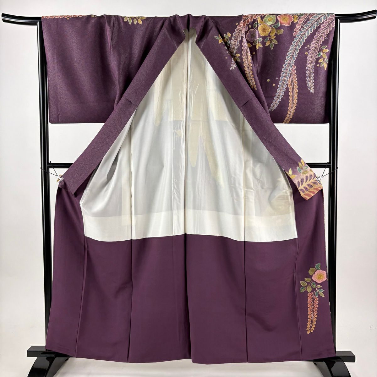 訪問服 身長160.5cm 袖長66.5cm M 雙層 草花紋紋 藤 銀通刺繡 紫 純蠶絲 名品級