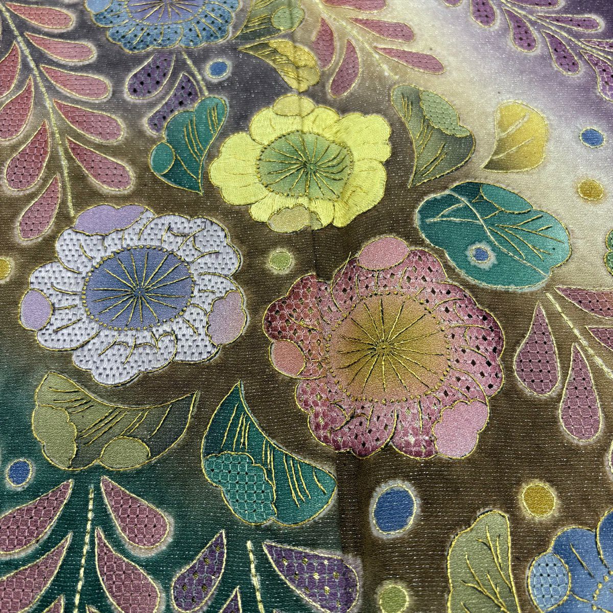 訪問服 身長160.5cm 袖長66.5cm M 雙層 草花紋紋 藤 銀通刺繡 紫 純蠶絲 名品級