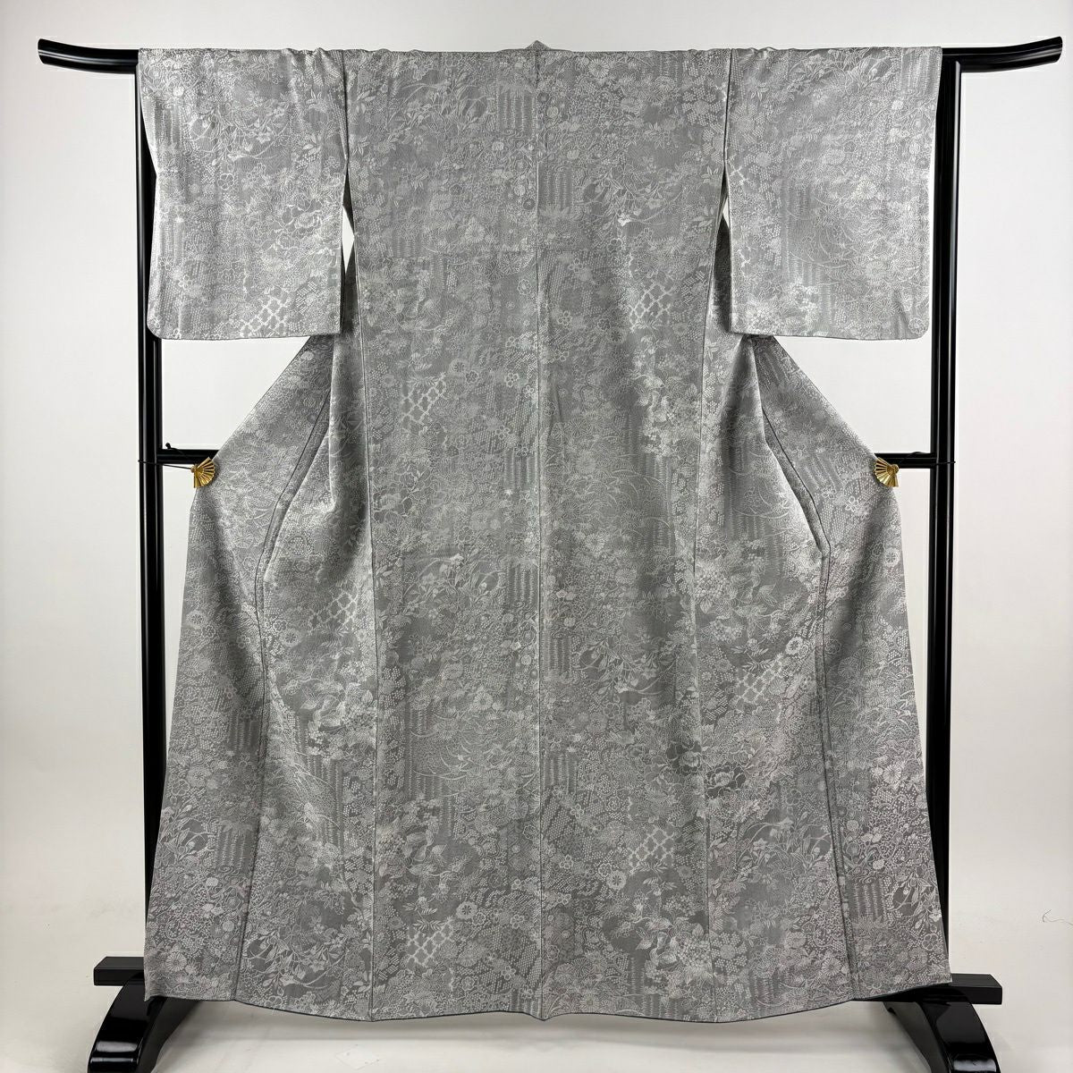 小紋 身長161.5cm 袖長65.5cm M 雙層 草花紋紋意匠 灰色 純蠶絲 名品級