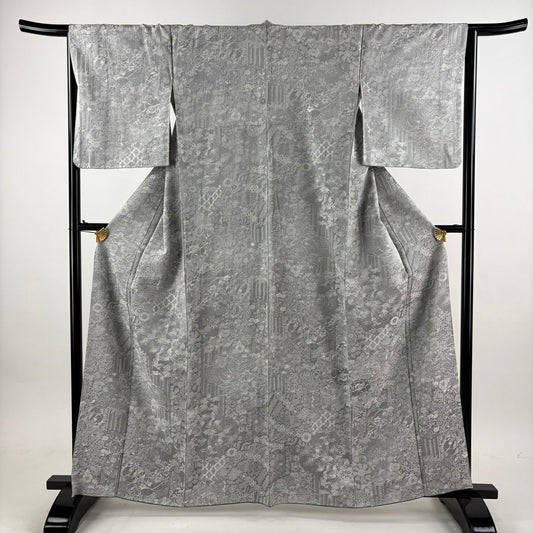 小紋 身長161.5cm 袖長65.5cm M 雙層 草花紋紋意匠 灰色 純蠶絲 名品級