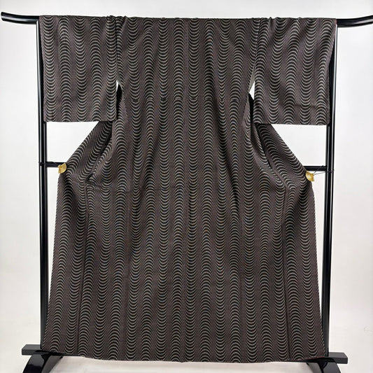 【美品】 大島織 身長162cm 袖長68cm L 雙層 證書附帶 幾何圖案 純泥染 焦茶 純蠶絲 名品級