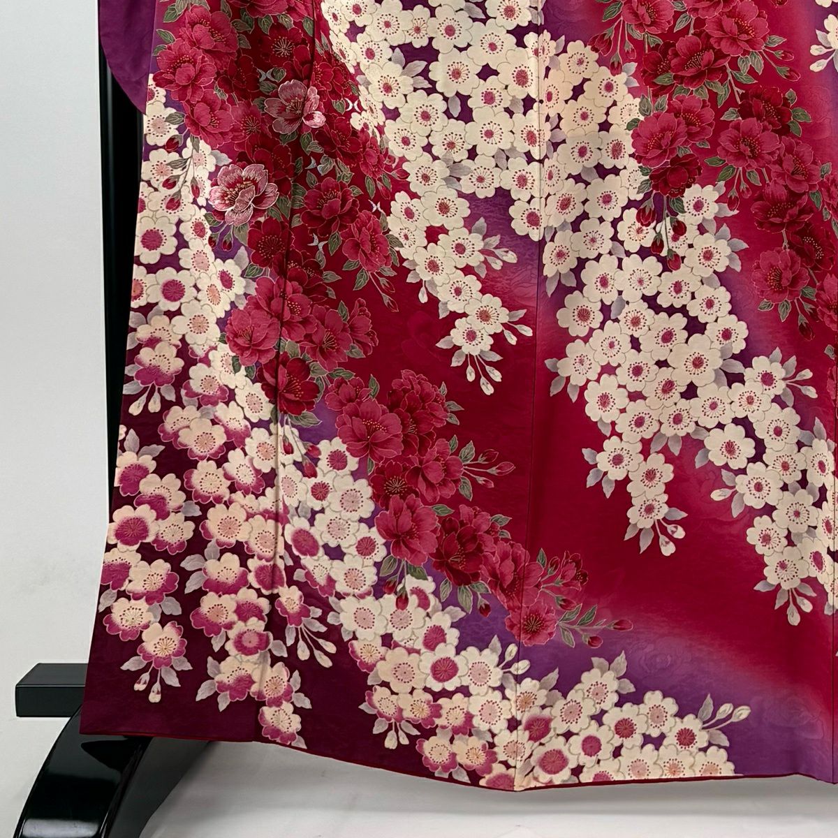 振袖禮服 身長164cm 袖長71cm L 雙層 森英惠 落款 櫻花 刺繡 金銀彩 濃粉紅 純蠶絲 名品級