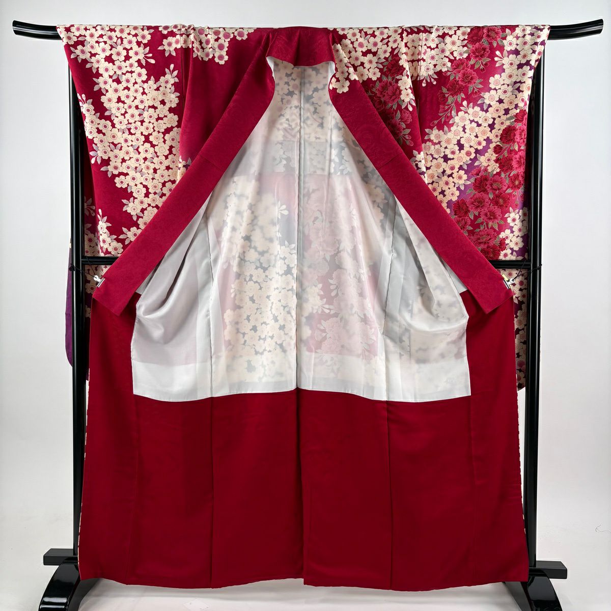 振袖禮服 身長164cm 袖長71cm L 雙層 森英惠 落款 櫻花 刺繡 金銀彩 濃粉紅 純蠶絲 名品級