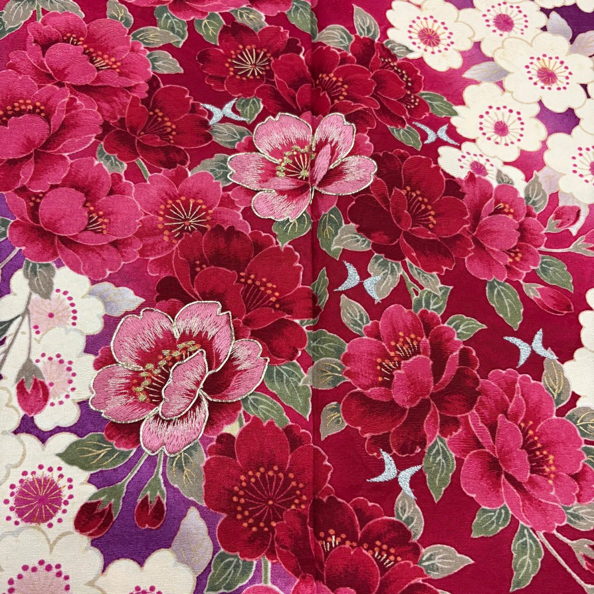 振袖禮服 身長164cm 袖長71cm L 雙層 森英惠 落款 櫻花 刺繡 金銀彩 濃粉紅 純蠶絲 名品級