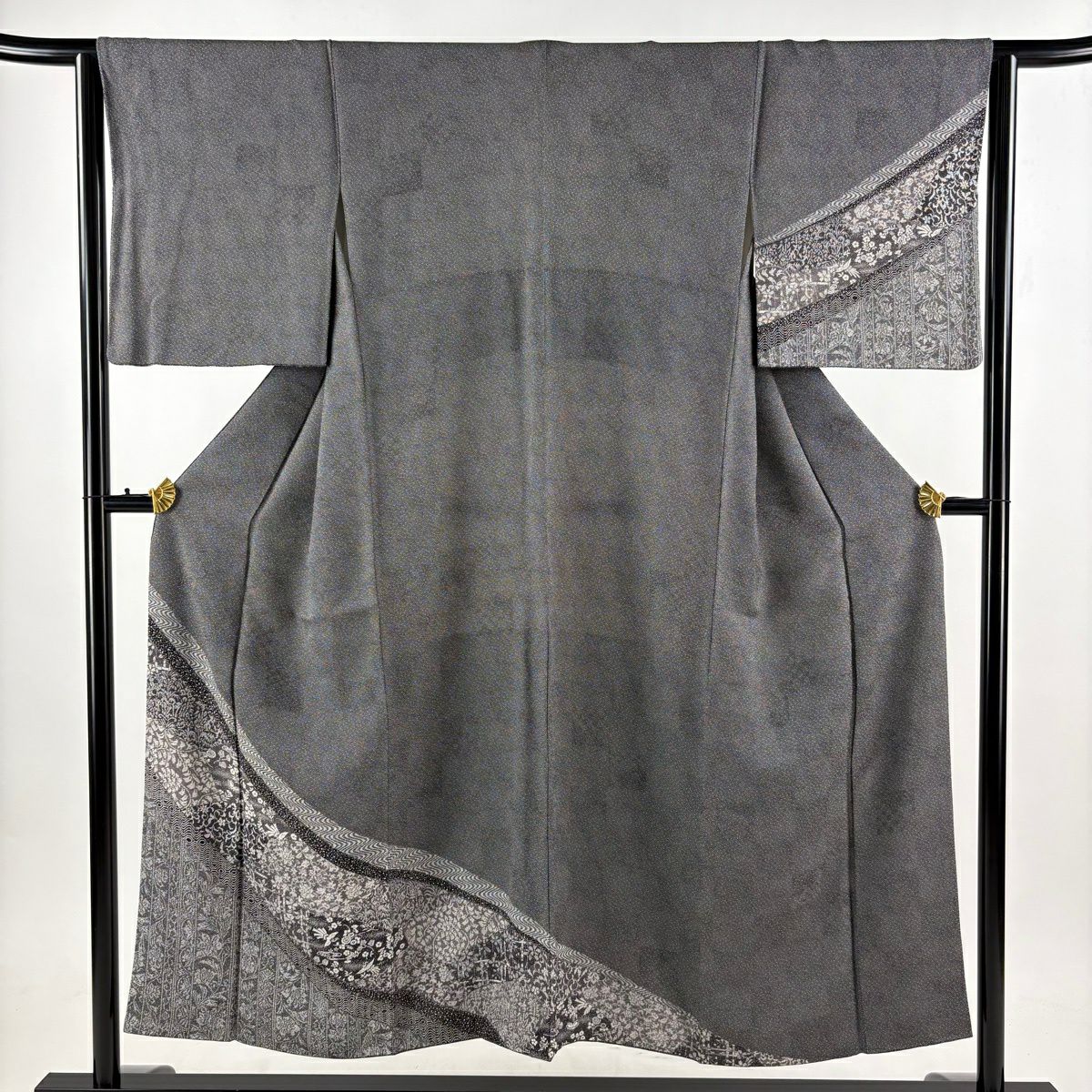 【美品】 付下 身長150cm 袖長64.5cm M 雙層 鈴乃屋 花唐草紋 花鳥 黑灰 純蠶絲 名品級