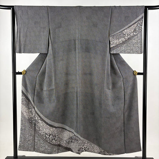 【美品】 付下 身長150cm 袖長64.5cm M 雙層 鈴乃屋 花唐草紋 花鳥 黑灰 純蠶絲 名品級