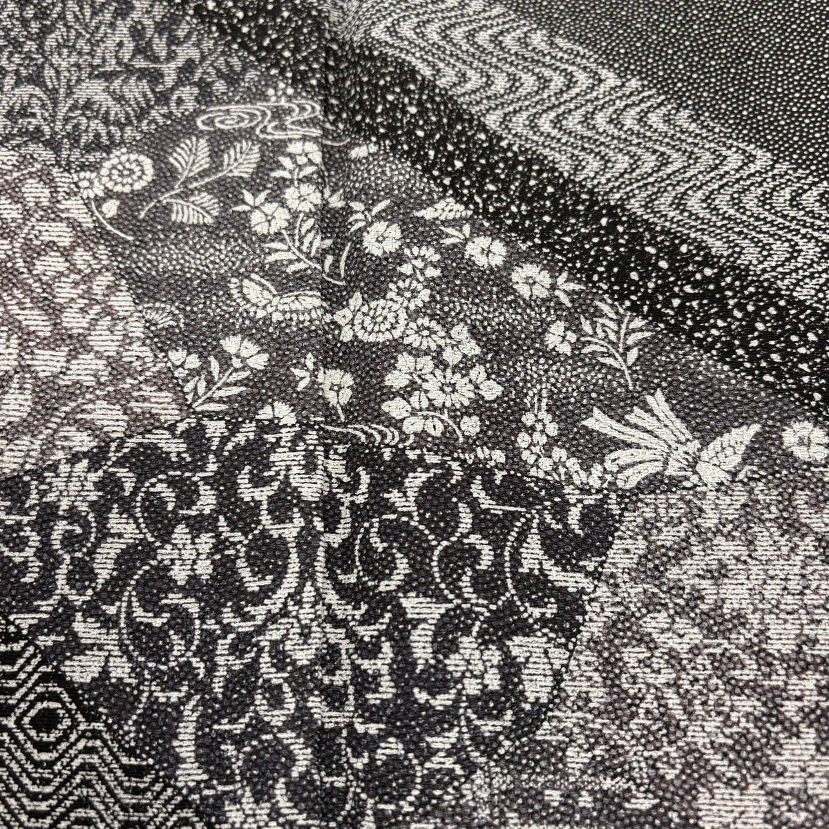 【美品】 付下 身長150cm 袖長64.5cm M 雙層 鈴乃屋 花唐草紋 花鳥 黑灰 純蠶絲 名品級