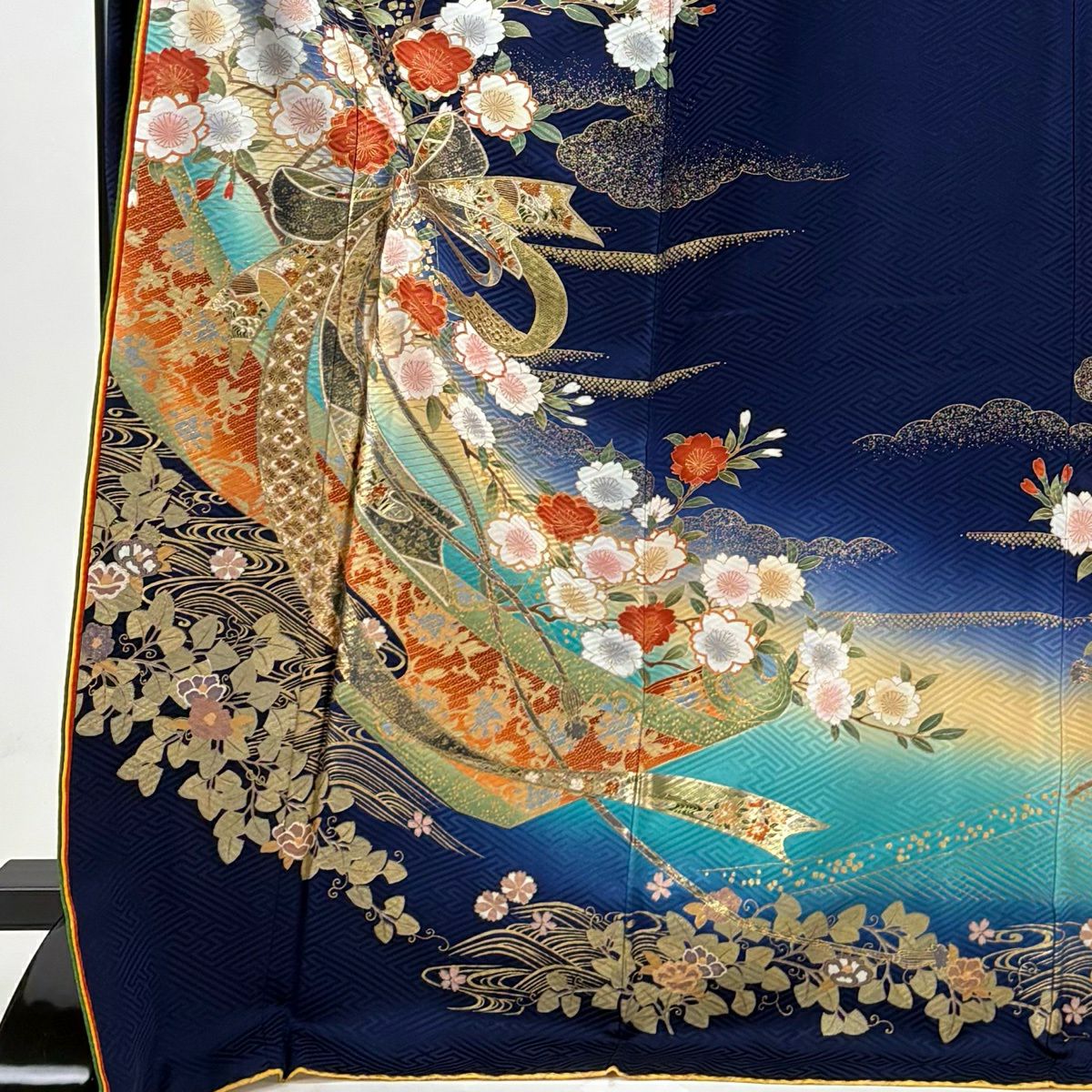 振袖禮服 身長172cm 袖長70cm L 雙層 桂由美 落款あり 束ね熨斗紋 櫻花 金銀彩 漸層 深藍 純蠶絲 名品級