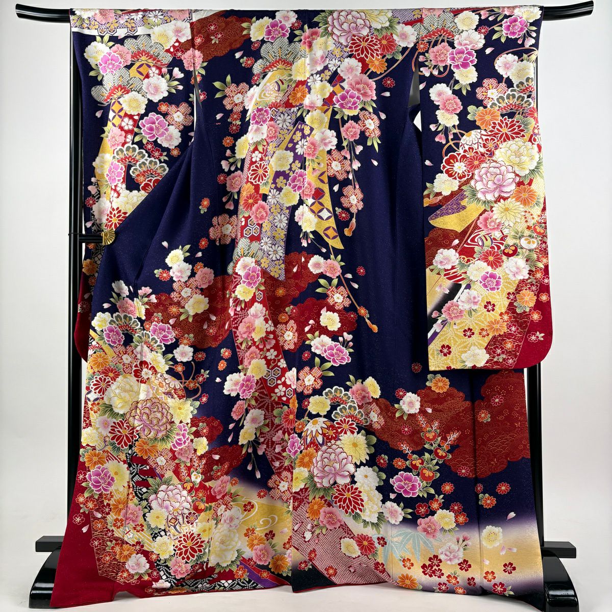 【美品】振袖禮服 身長170.5cm 袖長68.5cm L 雙層 草花紋紋 鞠 金銀彩 濃紫 純蠶絲 逸品級