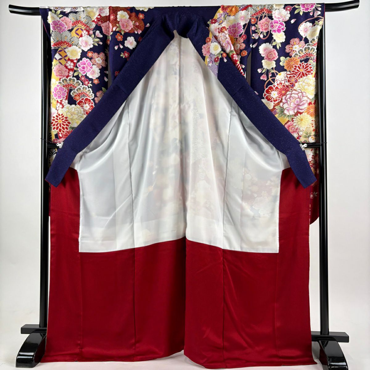 【美品】振袖禮服 身長170.5cm 袖長68.5cm L 雙層 草花紋紋 鞠 金銀彩 濃紫 純蠶絲 逸品級