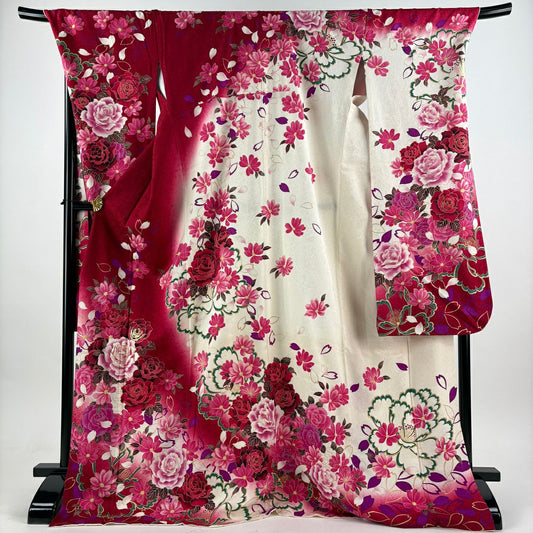 振袖禮服 身長177.5cm 袖長73.5cm L 雙層 草花紋紋 花瓣 銀通刺繡 紅 純蠶絲 逸品級