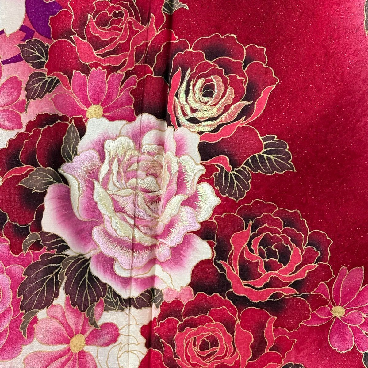 振袖禮服 身長177.5cm 袖長73.5cm L 雙層 草花紋紋 花瓣 銀通刺繡 紅 純蠶絲 逸品級