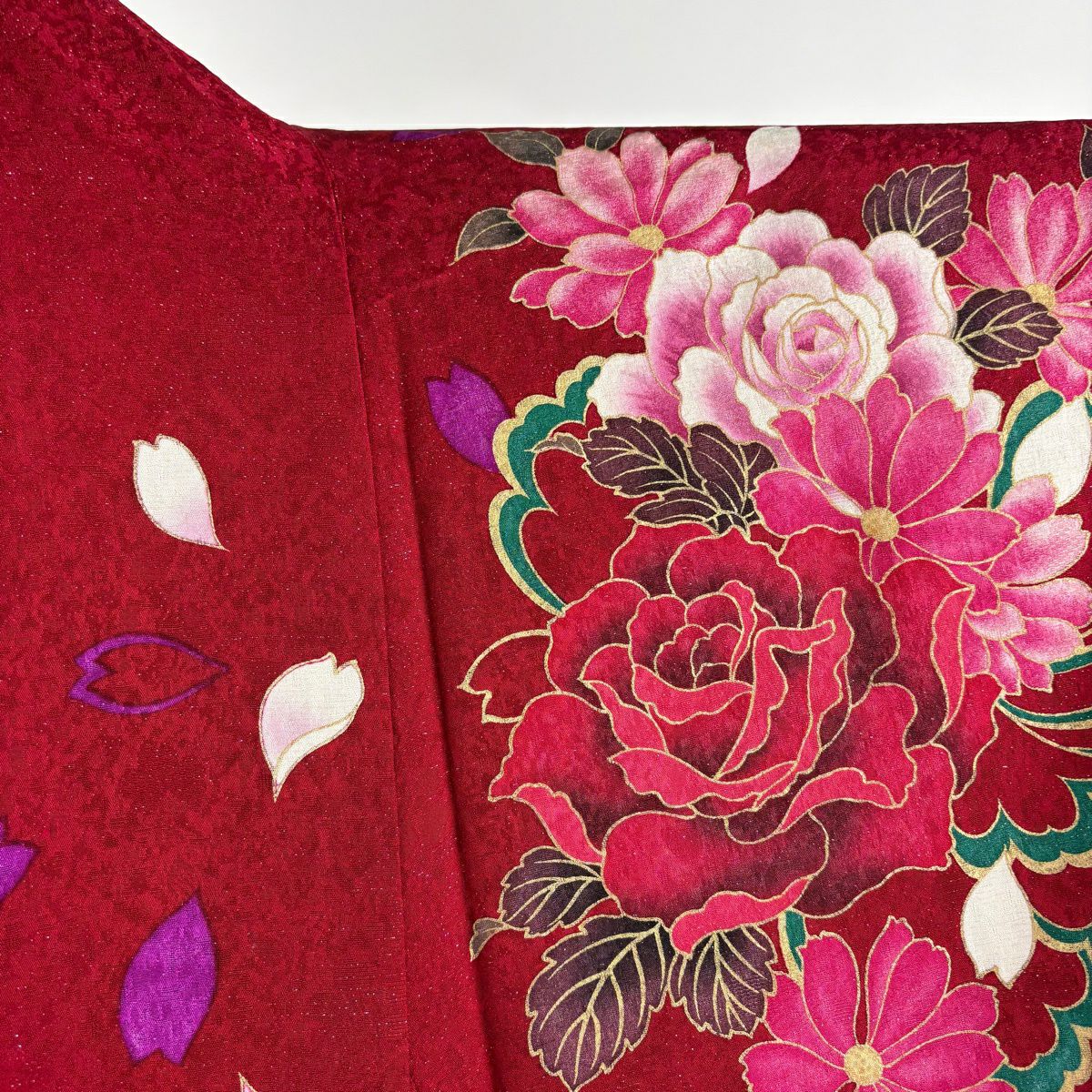 振袖禮服 身長177.5cm 袖長73.5cm L 雙層 草花紋紋 花瓣 銀通刺繡 紅 純蠶絲 逸品級