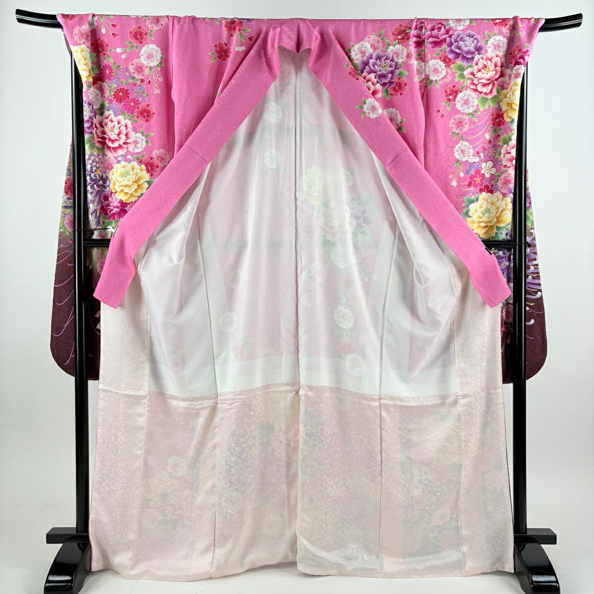 【美品】振袖禮服 身長168cm 袖長75cm L 雙層 草花紋紋 垂枝櫻 金銀彩 刺繡 粉紅 純蠶絲 逸品級