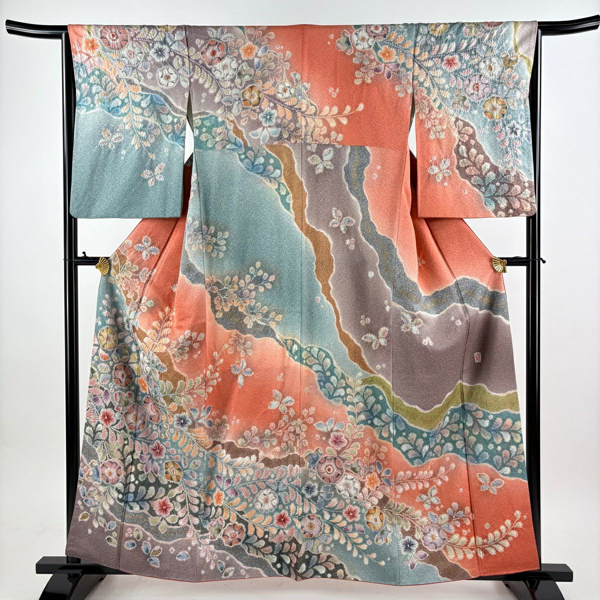訪問服 身長160.5cm 袖長65cm M 雙層 翠山工房 落款あり 辻花染 金通し 金銀彩 橙色 純蠶絲 逸品級